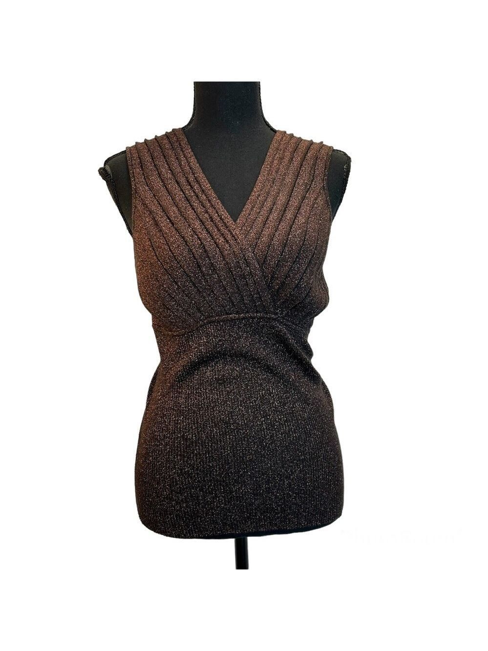 J Michaels metallic bronze brown glitter V-neck tank top knit blouse Sz L